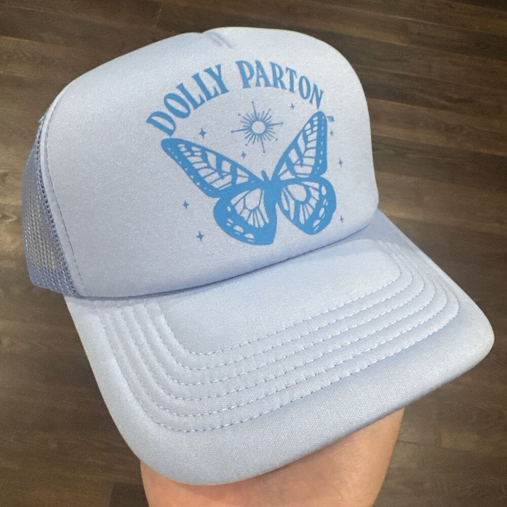 NWT Dolly Parton Light Blue Butterfly Trucker Hat Mesh-Back Foam Ball Cap WMNS